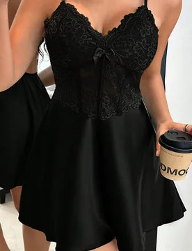 Camisola de noche para mujer con corsé de encaje con ballenas, lazo de satén de seda sintética, estilo maduro y sexy - Shein - FashionsVida