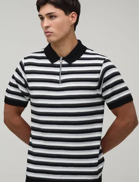 Men's Regular Fit 1/4 Zip Striped Knitted Polo Black Size X-Small Black XS - boohooMAN - FashionsVida