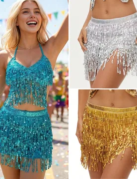 Pieza Falda con flecos de lentejuelas Mujeres Faldas de vientre sexy Correas ajustables en la cintura Falda envolvente de cadera Disfraz de carnaval, - Shein - FashionsVida
