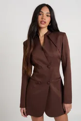 Womens Collarless Button Front Blazer Dress - Chocolate - Size 10 Uk