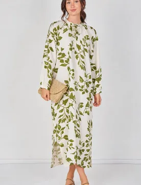 Women's Ivory & Olive Leaf Print Maxi Dress in Green Size: XL - Green - Size: XL - LOVE SUNSHINE - FashionsVida