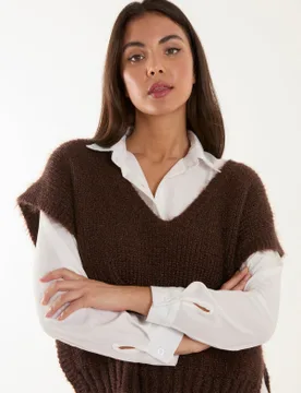 In 1 Knitted Vest Shirt - ONE / CHOCOLATE - female - Blue Vanilla - FashionsVida