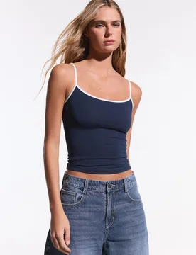 Top À Bretelles Contrastant L Marine - Bershka - FashionsVida