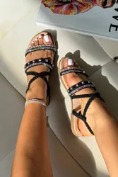 Sparkly Boho Gem Braided Strap Sandals - Black - Size: 8