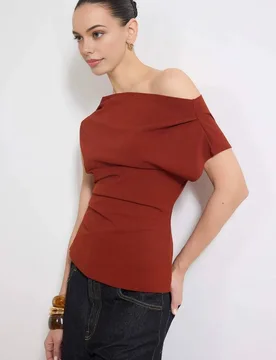 Women's Regular Fit Asymmetric Off-Shoulder Draped Knit Blouse in Terracotta Size: XL - Terracotta - Size: XL - HOXTON GAL - FashionsVida