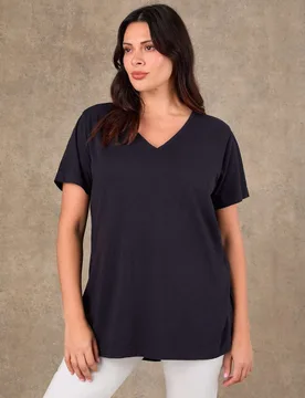 Pure Cotton V-Neck Longline T-Shirt Navy female - Live Unlimited London - FashionsVida