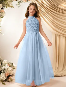Vestido de fiesta midi con línea A, de malla con aplicaciones de flor 3D, adecuado para niña de las flores, adolescentes, boda, cumpleaños, actuaci - Shein - FashionsVida