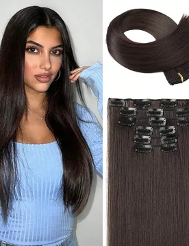 Extensiones de Cabello Extra Largo de 24 Pulgadas con 6 Clips y 16 Clips Compuestos, Piezas de Cabello Natural Negro y Marrón para Mujeres - Shein - FashionsVida
