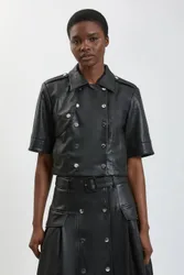 Women's Faux Leather Cropped Trench Jacket in Black Size: 10 - Black - Size: 10