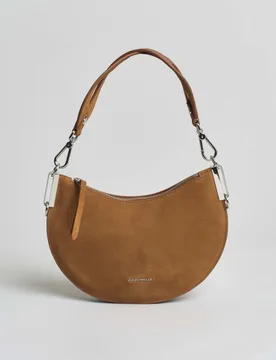 Borsa a spalla Sunup Small in pelle scamosciata color cognac con manico e tracolla removibili - Coccinelle - FashionsVida