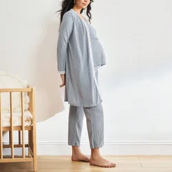 Piezas Conjunto de pijamas de maternidad: Bata con ribete de encaje de manga larga + Top de camiseta para lactancia + Pantalones largos, ropa de otoñ