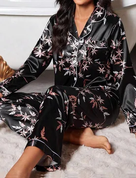 Conjunto de pijama de top de manga larga con cuello y pantalones con estampado floral de seda sintética, ropa de otoño e invierno cómoda y elegante - Shein - FashionsVida