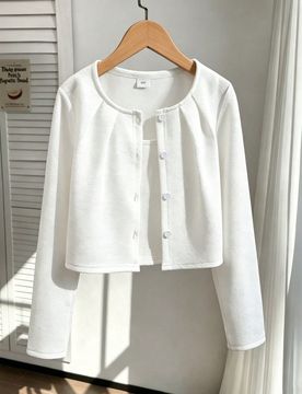 Chaqueta tipo cárdigan corta para niñas, estilo suave de viaje, blanca con textura, cuello redondo y plisada, versátil para primavera/otoño, de un