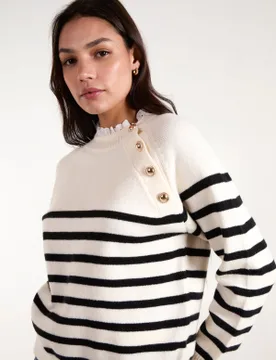 Horizontal Stripes Shoulder Button Detailed Jumper - M/L / STONE/BLACK - female - Blue Vanilla - FashionsVida
