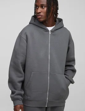Men's Tall Essential Oversized Zip Through Hoodie Charcoal Size Large Charcoal L - boohooMAN - FashionsVida