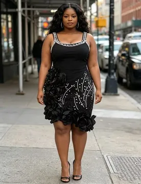 Plus Size Black Prom Dress Stripe Sleeveless Crystals Ruffles 3D Flower Party Gown Bandage Formal Bridal Wedding Birthday Robe - Aliexpress - FashionsVida