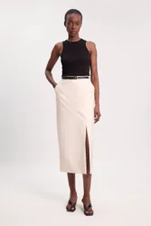 Tailored Satin Pencil Midi Skirt - Ivory - Size: 10