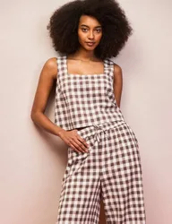 Cotton Linen Gingham Square Neck Vest Top Brown Mix female