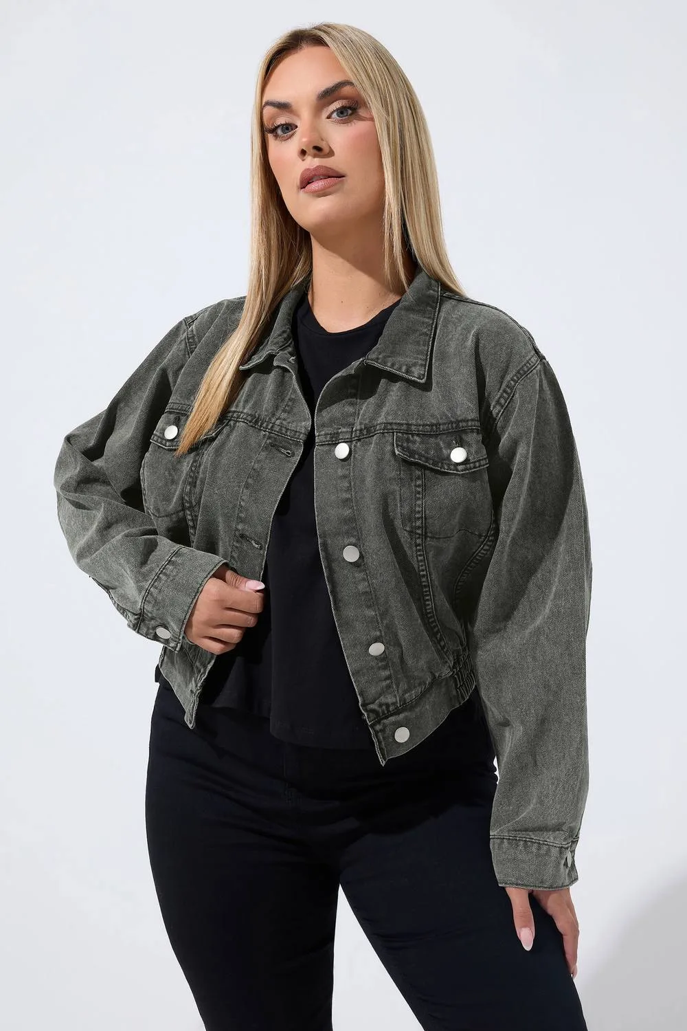 Women's Denim Jacket in Dark Grey Size: 10 - Dark Grey - Size: 10 - Yours - FashionsVida