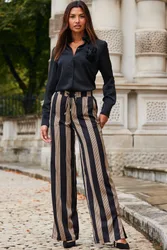 Womens Black & Gold Stripe Satin Wide Leg Trousers - Size 18 Regular