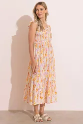 Smocked Printed Midaxi Cotton Dress - White - Size: 22