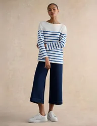 Pure Cotton Striped Slash Neck Top Blue Mix female