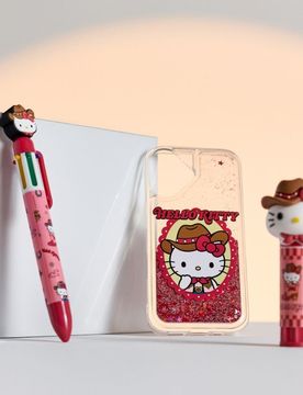Cover per iPhone 16 con glitter e motivo cowboy Hello Kitty - rosso