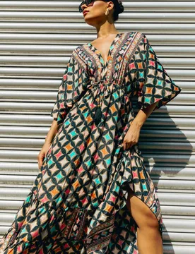 Geo Print V-Neck Frill Maxi Dress - Multicolor - Size: 12 - Roman - FashionsVida