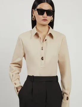 Women's Techno Cotton Woven Shirt With Gold Clasp in Sand Size: 14 - Sand - Size: 14 - Karen millen - FashionsVida