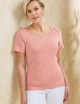 Women's Wrinkle Free Short Sleeve Square Neck Top in Dusty Pink Size: 14 - Dusty Pink - Size: 14 - Cotton Traders - FashionsVida