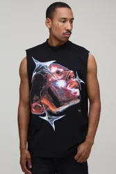 Herren Schwarzes Übergroßes Gesichtsgrafik-Trägershirt Black Größe Small