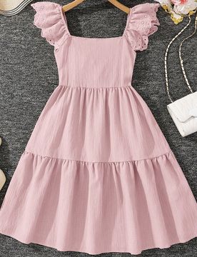 Vestido casual de niña preadolescente con cuello cuadrado tejido liso y volante en el bajo, vestido beige para niñas, vestido beige para niñas pequ