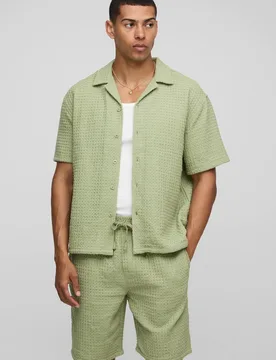 Men's Oversized Jumbo Waffle Revere Shirt and Shorts Set Sage Size Large Sage L - boohooMAN - FashionsVida