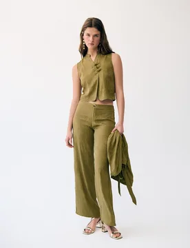 Pantalón recto de mujer satinado con estampado jacquard - Brownie - FashionsVida