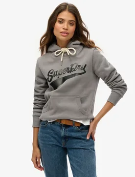 Superdry Damen Baumwolle Logo-Druck Super Athletics Kapuzenpullover, Grau & Schwarz, Größe: 36 - 79.99 - FashionsVida