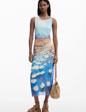 Vestido drapeado nenúfares, Mujer, Poliester, Azul, XS