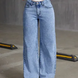 Jeans rectos de pierna ancha de unicolor cómodos y casuales para niñas preadolescentes