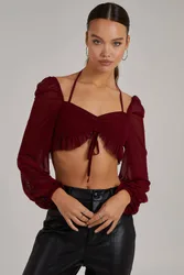 Women's Long Sleeve Halterneck Crop Top in Burgundy Size: 14 - Burgundy - Size: 14