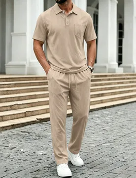 Conjunto de 2 piezas de lino para hombre, polo de solapa de 3 botones con bolsillo + pantalones rectos con cordón elástico, conjunto de verano delga - Shein - FashionsVida
