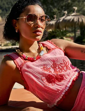 Womens Shell Trim Top Pink Crochet Cropped Embroidered Cotton - Size X-Large - River Island - FashionsVida