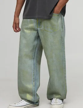 Mens Relaxed Fit Metallic Jeans - Green Cotton - Size 30r - boohooMAN - FashionsVida