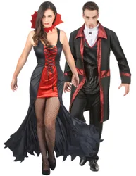 Gotisches Vampir-Pärchen Halloween-Paarkostüm für Erwachsene schwarz-rot-weiß