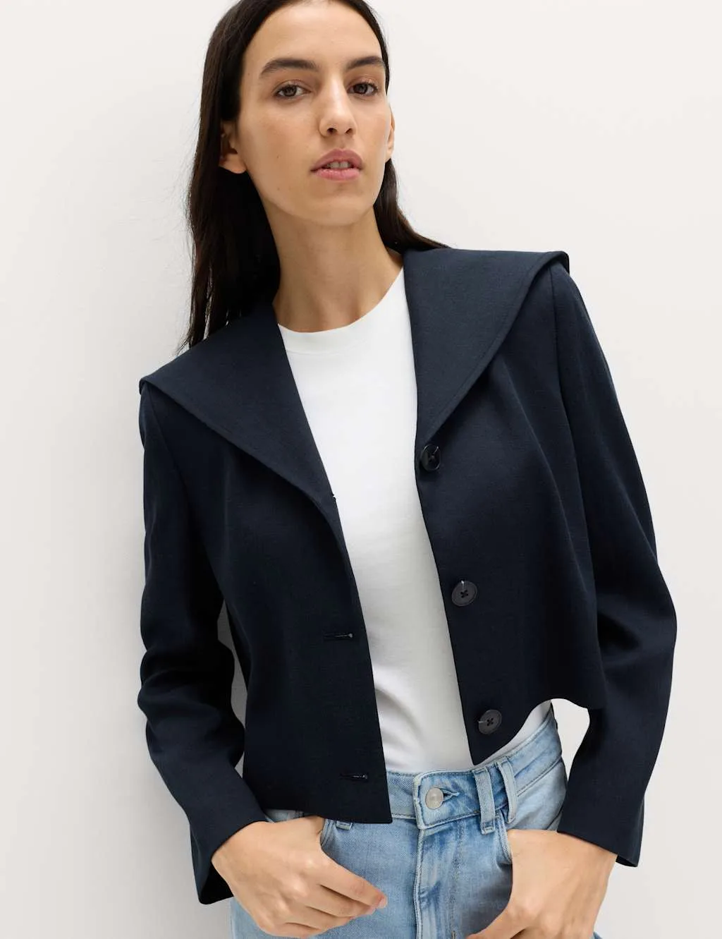 Collared Short Sailor Jacket with Linen Navy female - M&S - FashionsVida