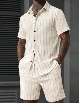 Conjunto de camisa y pantalones cortos a rayas de verano para hombre - Shein - FashionsVida