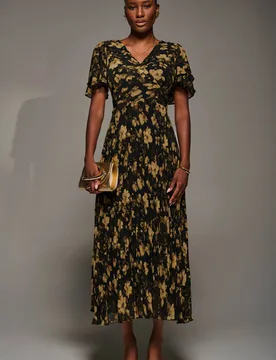 Women's Chiffon Ruffle Sleeve Pleated Maxi Dress in Dark Brown Size: 10 - Dark Brown - Size: 10 - Jolie Moi - FashionsVida