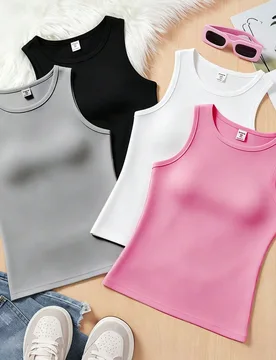 Conjunto de 4 piezas de camiseta de tirantes casual y versátil de algodón para niñas preadolescentes - Shein - FashionsVida