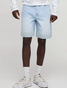 Herren Entspannte Perlen-verzierte Denim-Shorts Light Blue Größe 40R - boohooMAN - FashionsVida