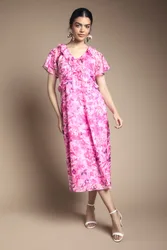 Womens Floral Ruffle Tie Front Maxi Dress - Pink - Size 14 Uk