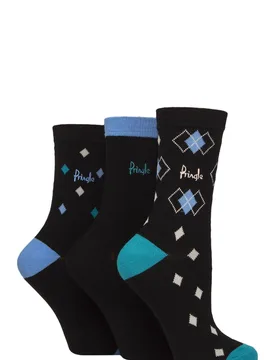 Women's 3 Pair Patterned Cotton Socks Black Argyle 4-8 Women's - Black - Size: Small - Pringle - FashionsVida