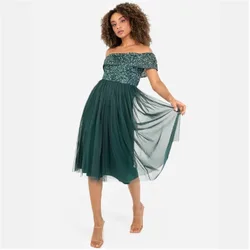 Womens De Bardot Off The Shoulder Short Sleeve Midi Babydoll Dress In Emerald - Green - Size 26 Uk